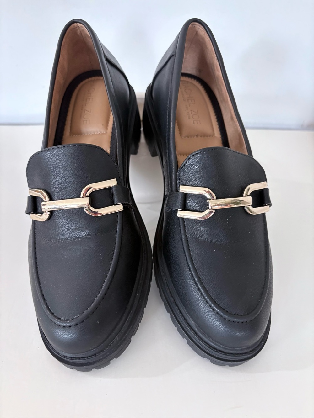 RACHEL ZOE 9 MILA Black Lug Sole Loafers Gold Horse Bit Accent Chunky Worn 1X!